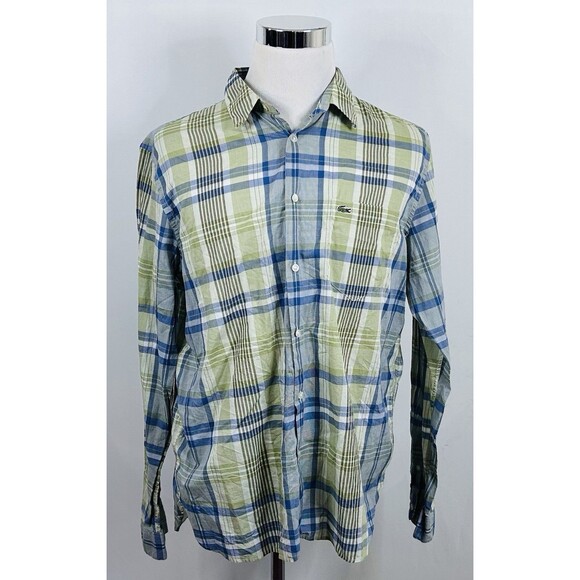 Lacoste XL (45) Casual Button Front Shirt Green Blue Plaid Cotton Long Sleeve - Picture 2 of 5